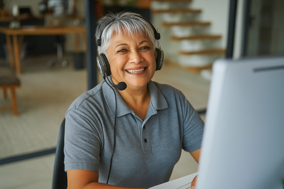 Smiling older woman with headphones at a computer, in a bright, modern workspace.